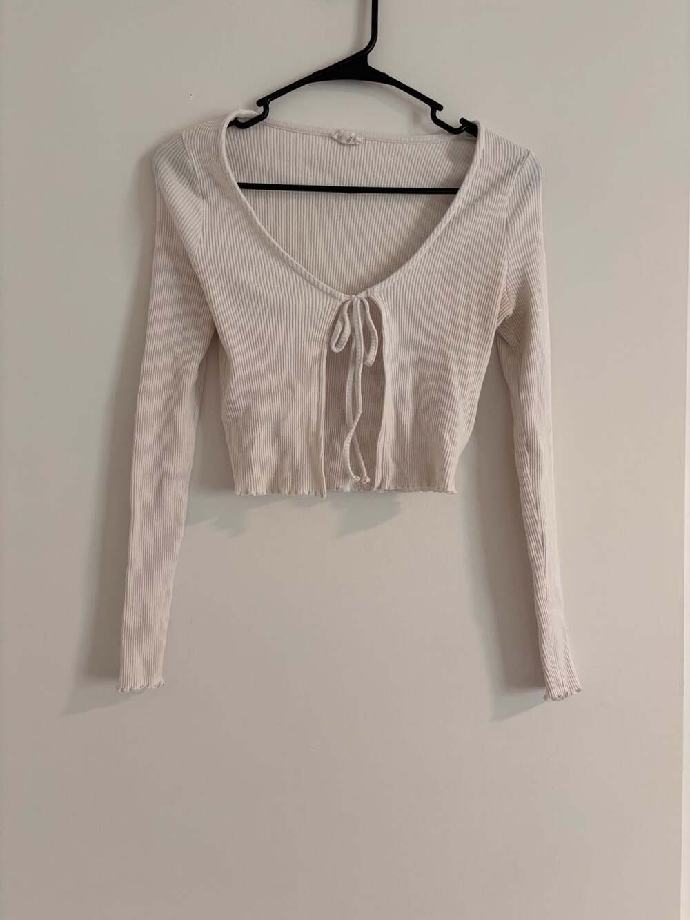 Cotton On Ribbed Knit Tie Front Long Sleeve Crop Cardigan Top Off White Size M